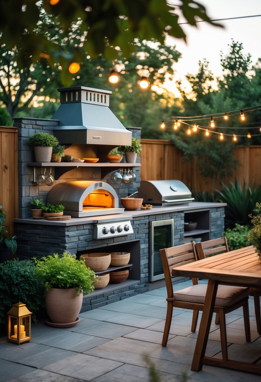 An outdoor kitchen area with a stone countertop, built-in grill, pizza oven, potted herbs, wooden dining table, and seating surrounded by plants and soft lighting.