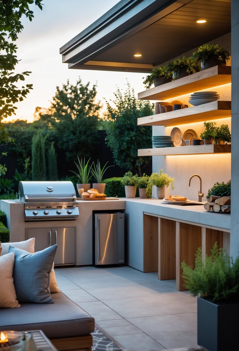 An outdoor kitchen area with a built-in grill, countertop, open shelves with plants and dishes, surrounded by greenery and seating.