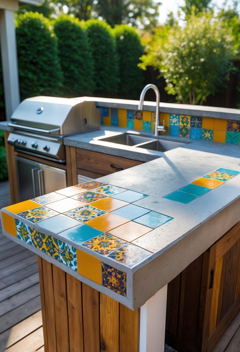 Outdoor kitchen with a concrete countertop featuring embedded colorful tiles, built-in grill, sink, and wooden cabinets in a sunny backyard.