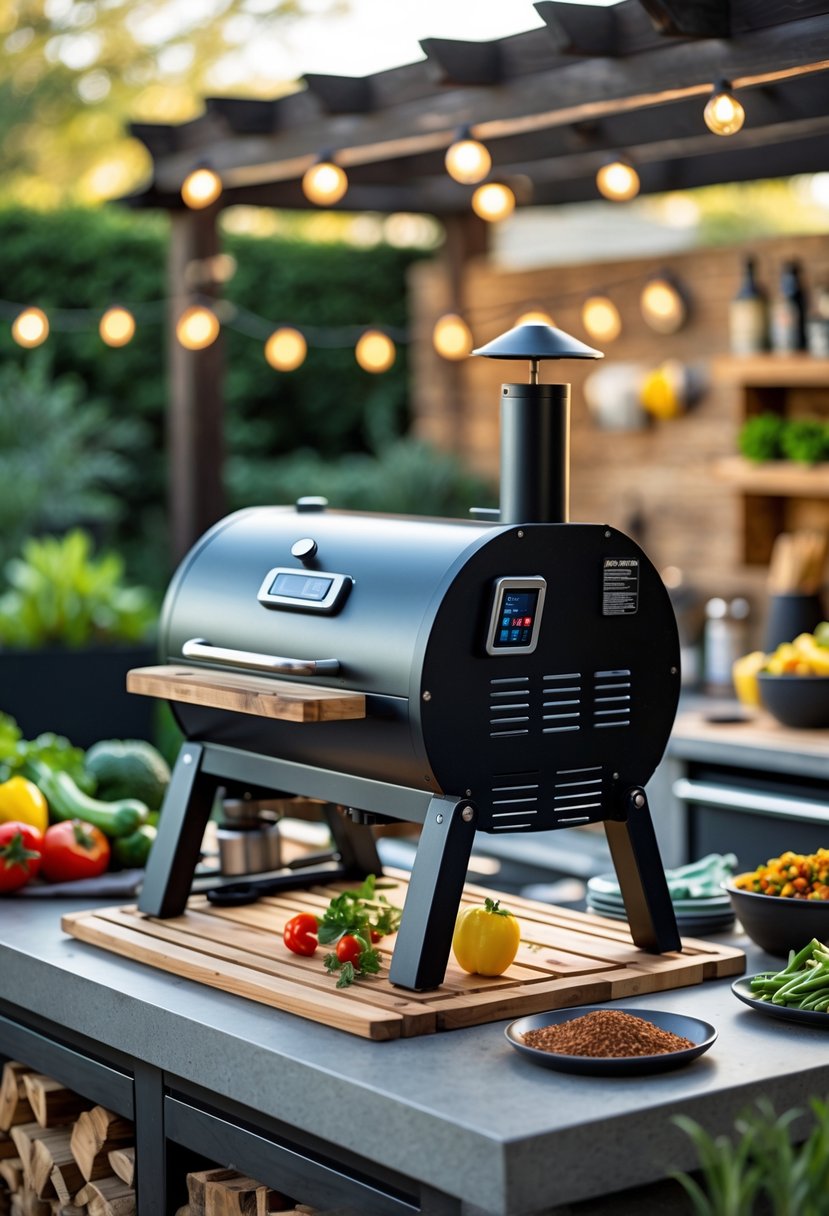 Portable pellet grill on an outdoor kitchen countertop with cooking tools and fresh ingredients, surrounded by a wooden dining table and greenery.