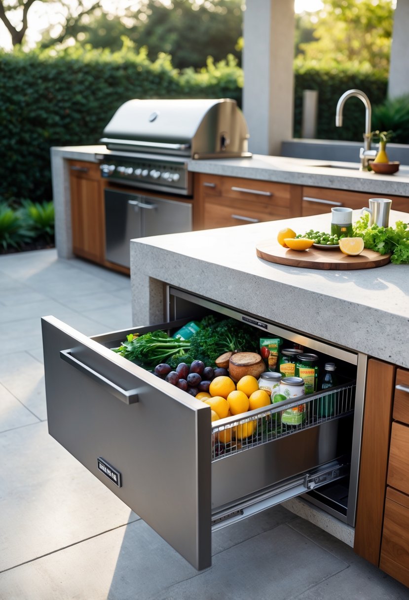 An outdoor kitchen with an open refrigerator drawer built into a stone countertop island, surrounded by a grill, wooden cabinets, and greenery.