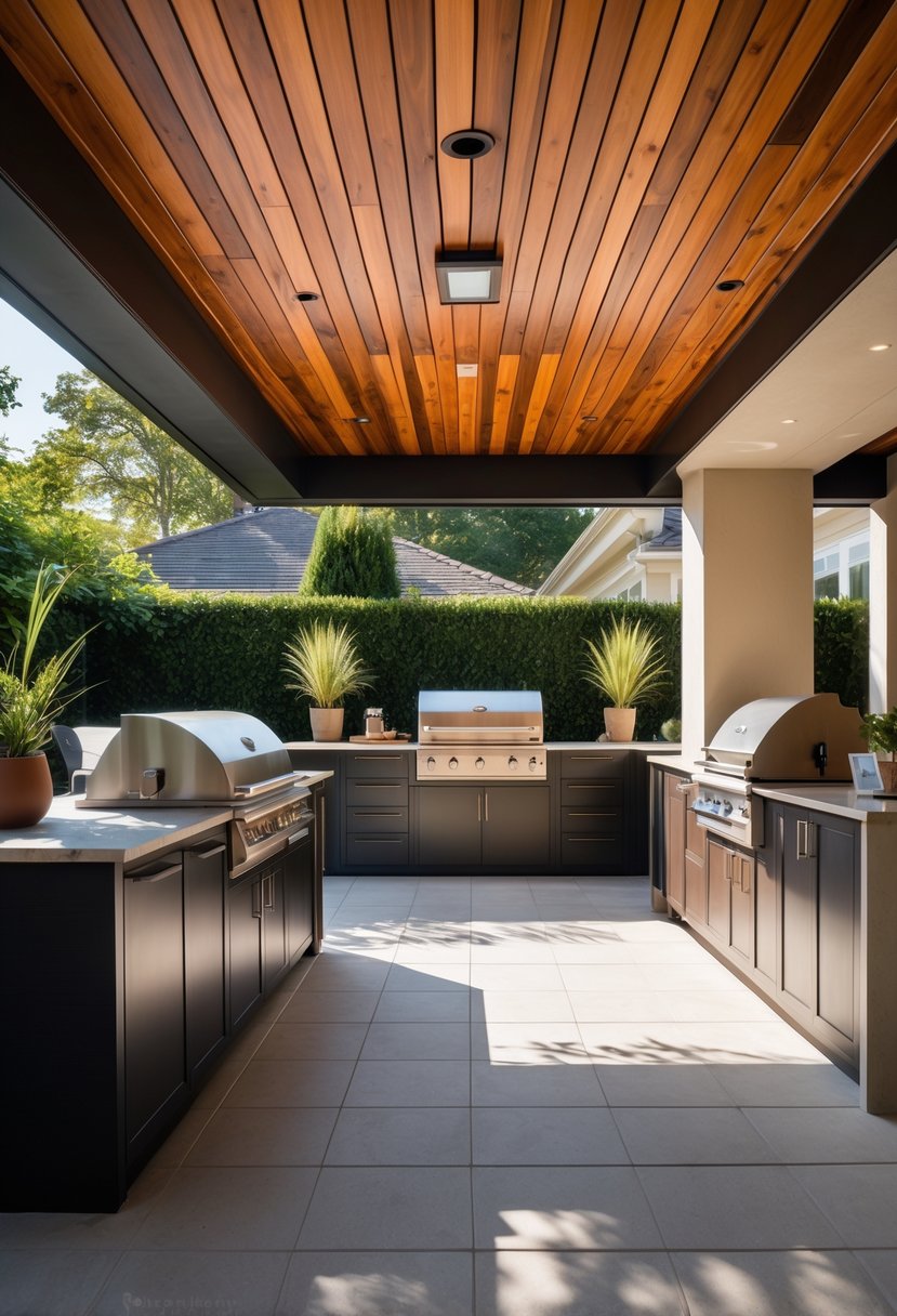 An outdoor kitchen with a wooden tongue and groove ceiling, modern countertops, built-in grill, and comfortable seating in a backyard.