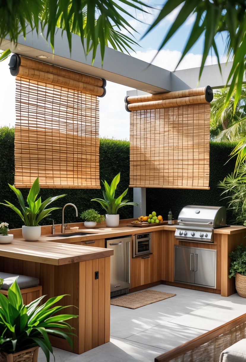 Outdoor kitchen with bamboo roll-up blinds partially lowered, wooden countertops, grill, and green plants around the area.