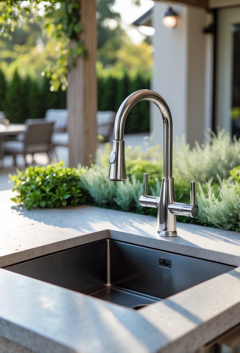 Outdoor kitchen with a quartz composite sink and stainless steel faucet surrounded by stone countertops and patio furniture.