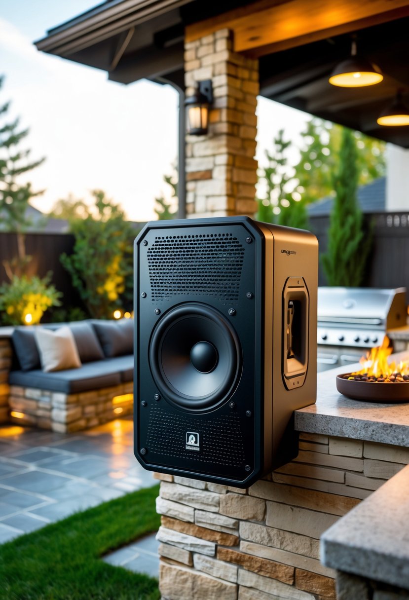 Outdoor speaker system with waterproof casing near a stylish outdoor kitchen in a backyard setting.