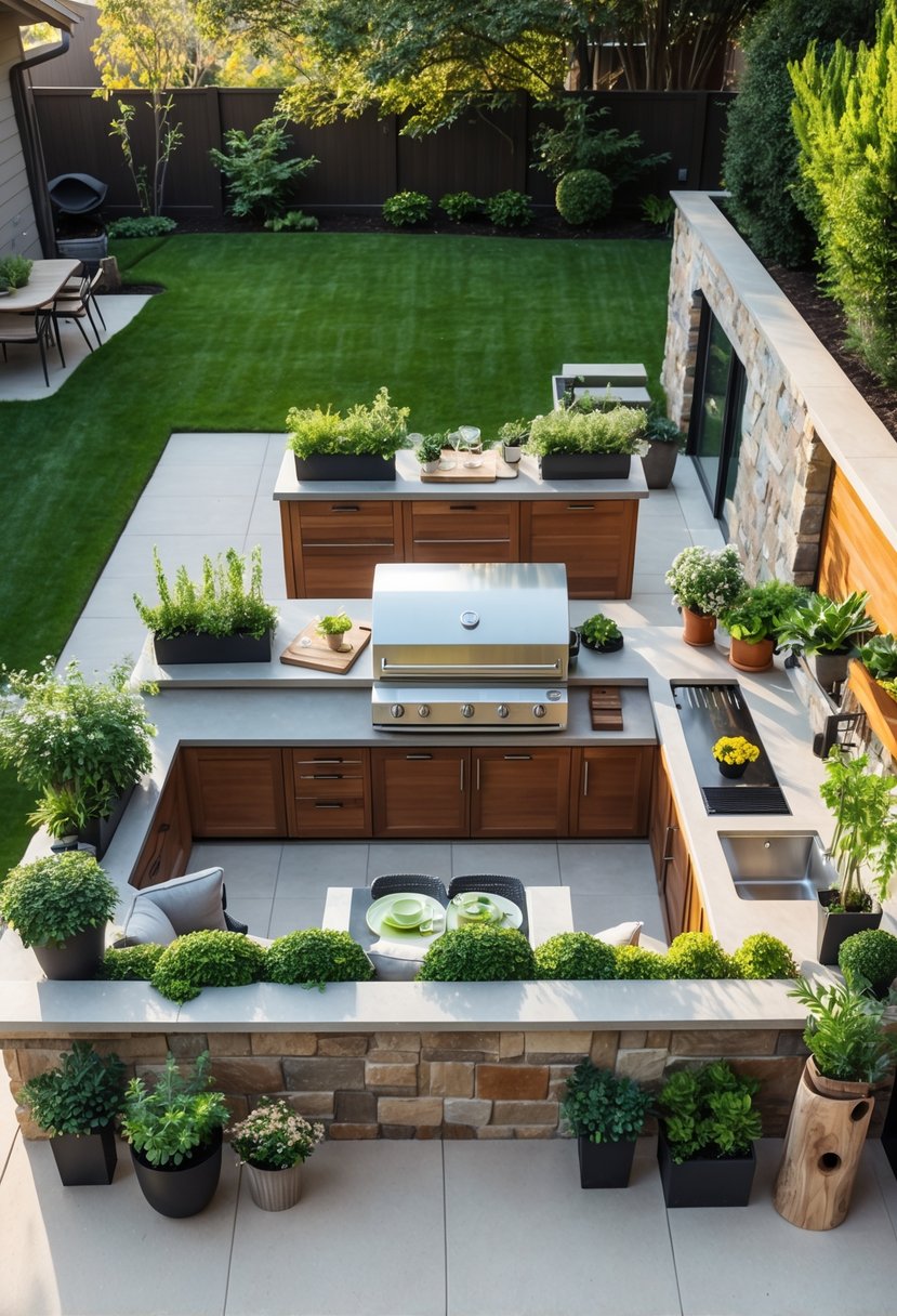 An outdoor kitchen area with a built-in grill, stone countertops, wooden cabinets, potted plants, and a small dining table in a backyard garden.