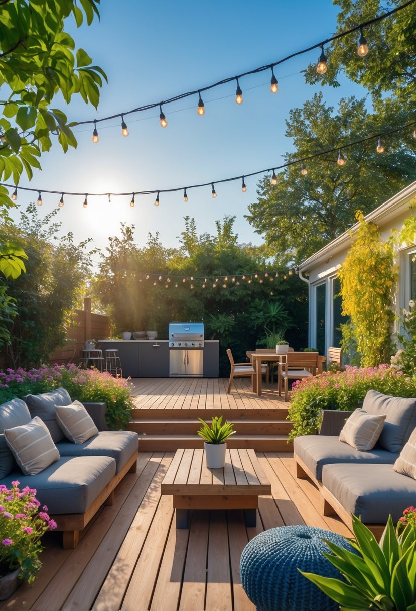 Outdoor living space with wooden deck, comfortable seating, dining table, barbecue grill, and surrounding plants under a clear sky.
