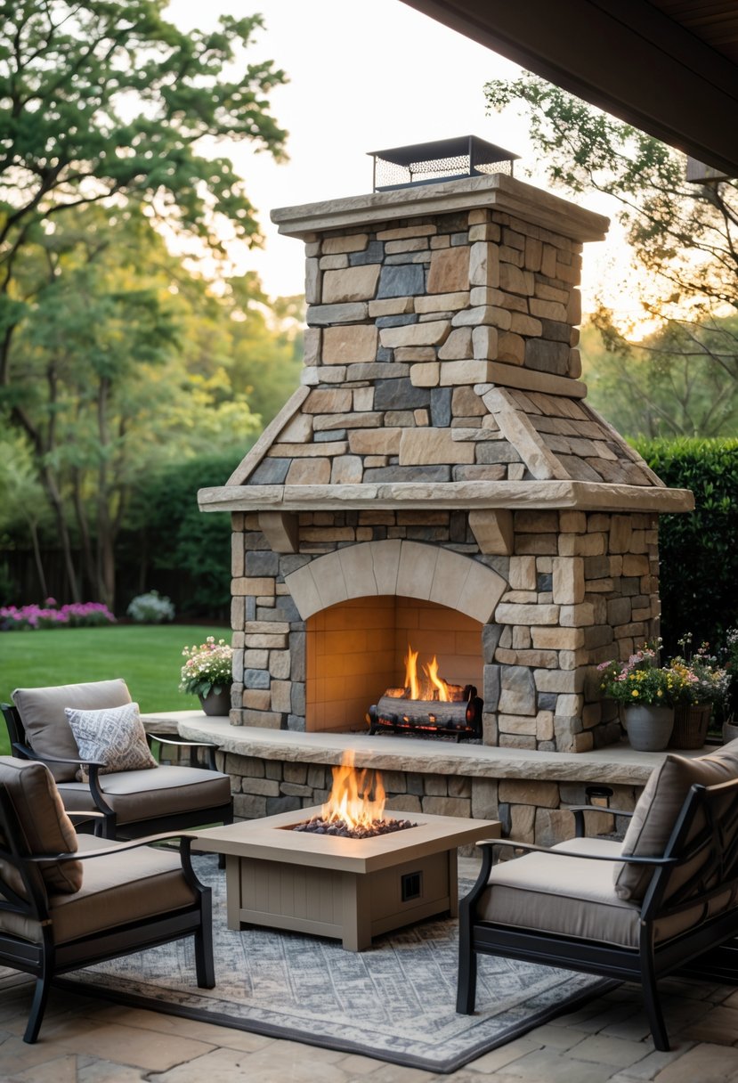 Outdoor fireplace with stone surround in a backyard seating area surrounded by trees and plants.