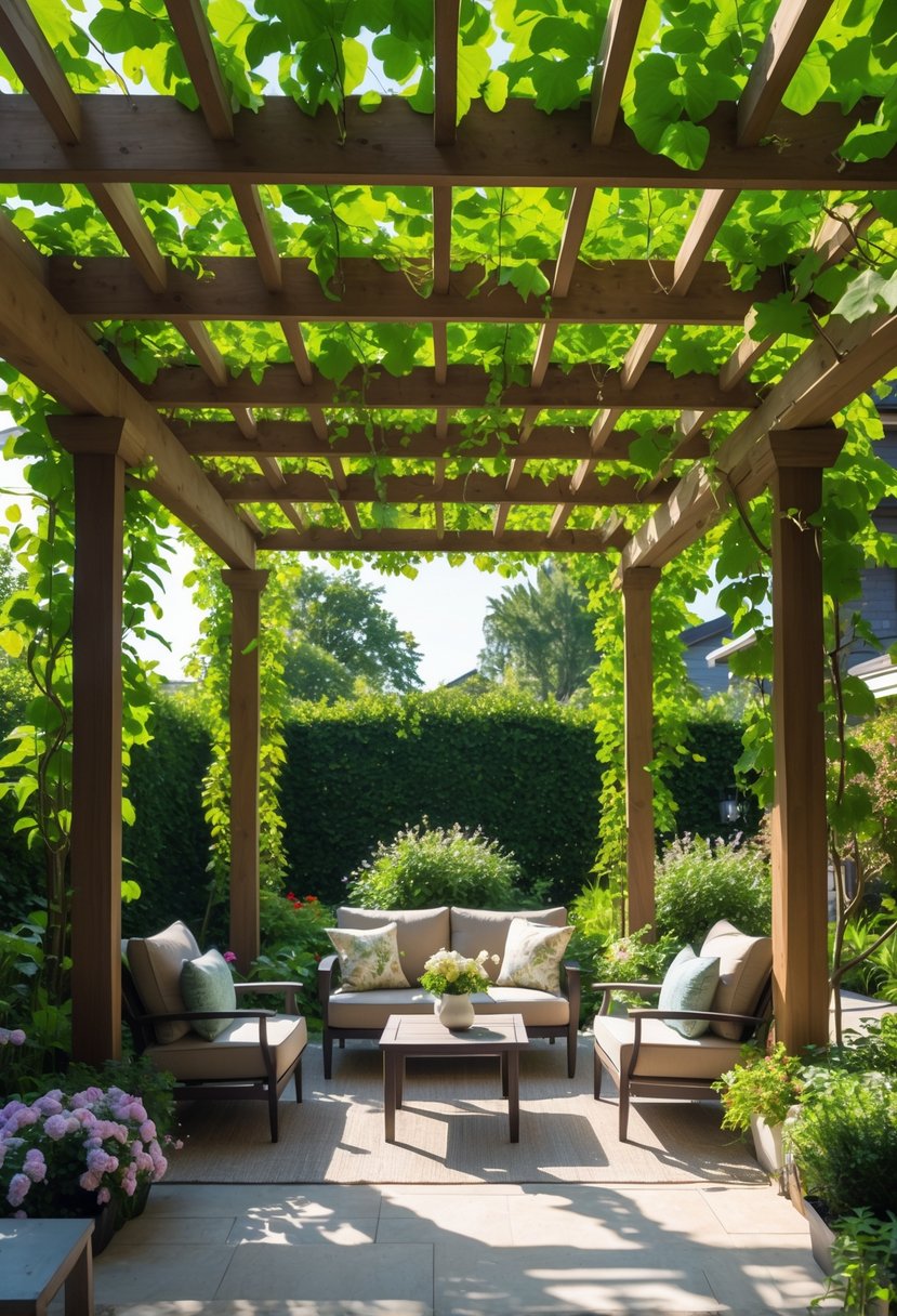 Outdoor living space with a wooden pergola covered in climbing vines and comfortable seating underneath.