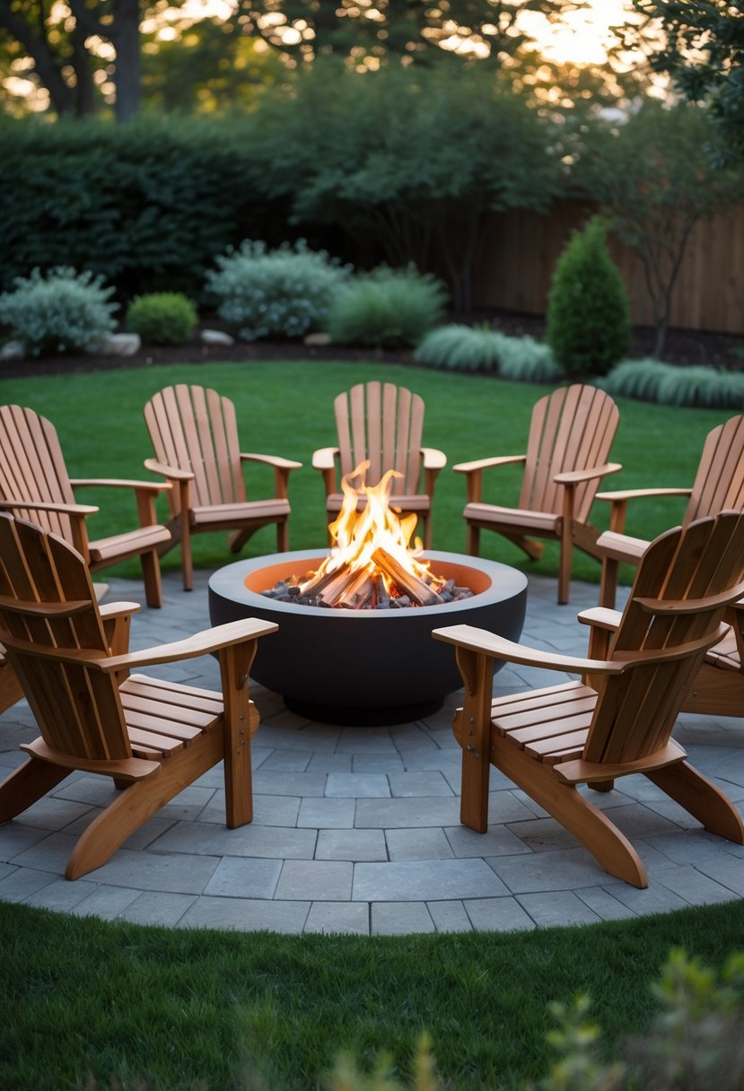 A fire pit surrounded by six Adirondack chairs in a green backyard outdoor living space.