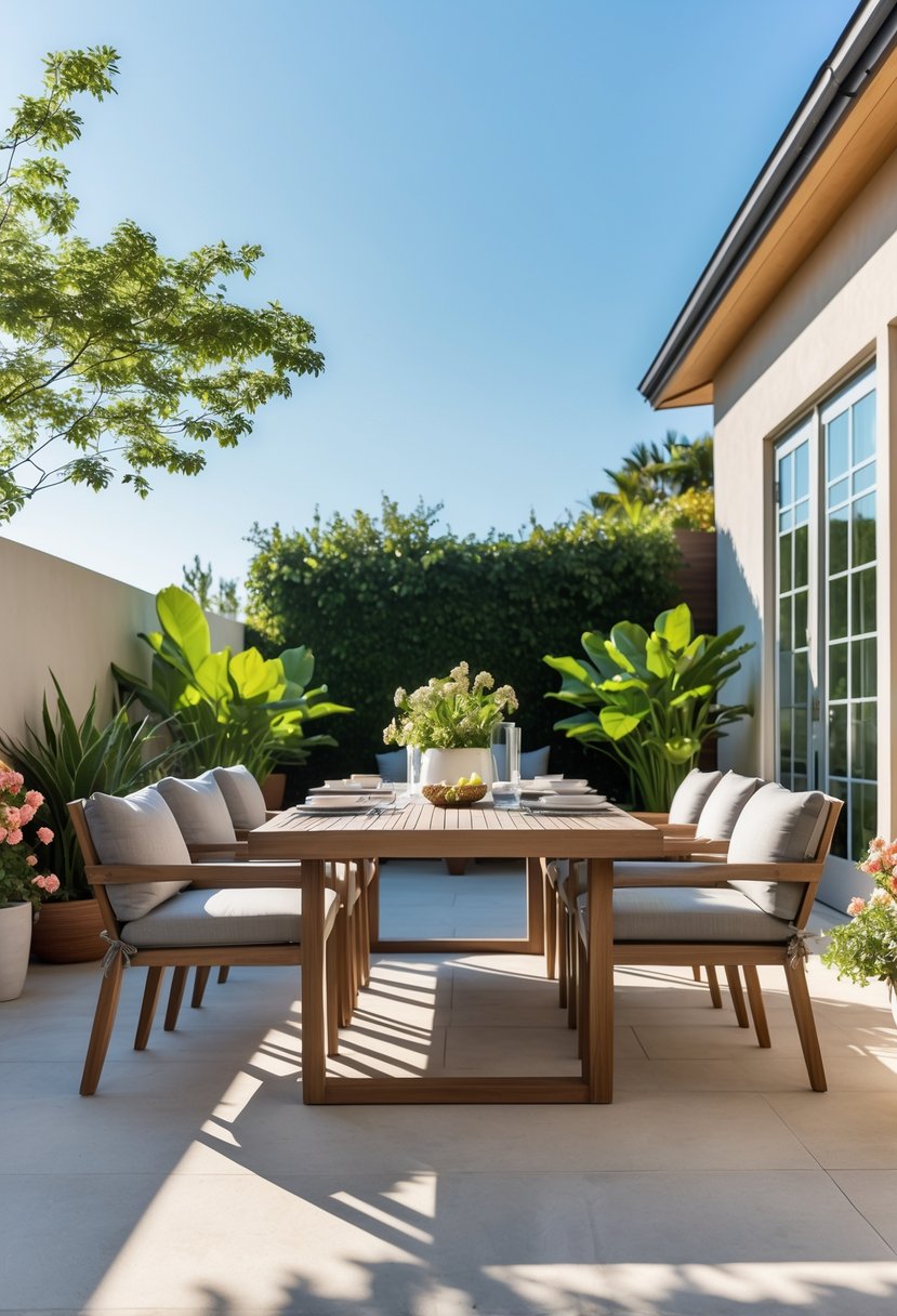 Outdoor dining area with weatherproof furniture on a patio surrounded by plants and sunlight.