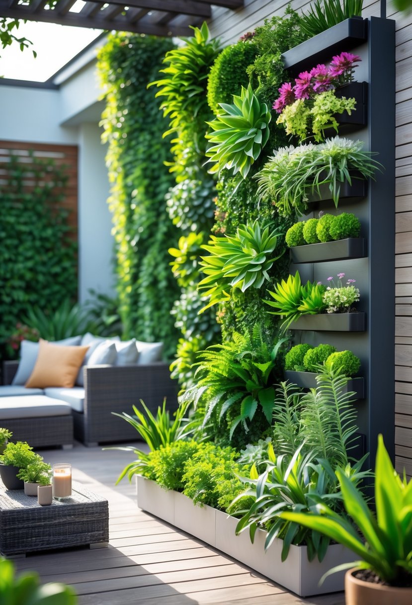 Outdoor living space with a vertical garden wall covered in various green plants and comfortable seating nearby.