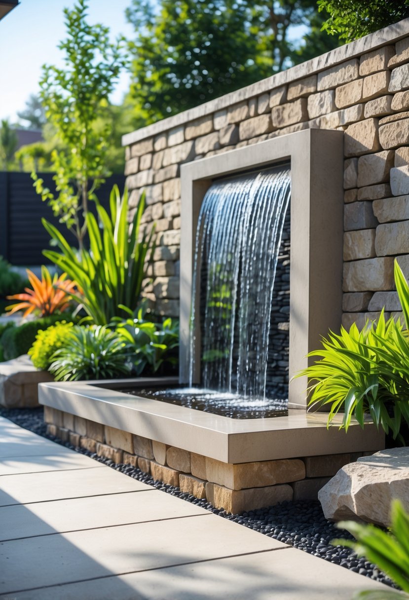 Outdoor living space with a water feature and a wooden seating bench surrounded by plants.