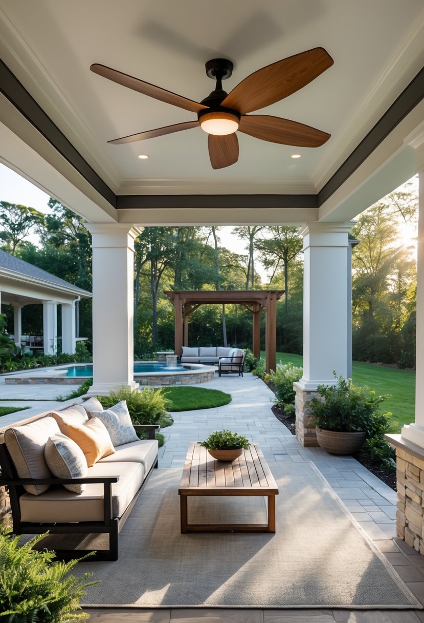 Ceiling fan installed in a covered patio with outdoor seating and greenery.