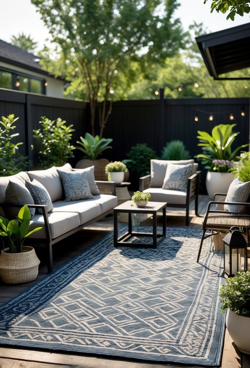 Outdoor seating area with a large rug, sofa, coffee table, and plants on a patio in a backyard.