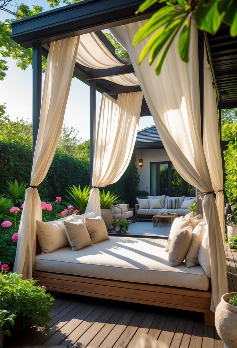 An outdoor daybed with a canopy on a wooden deck surrounded by plants and outdoor furniture.