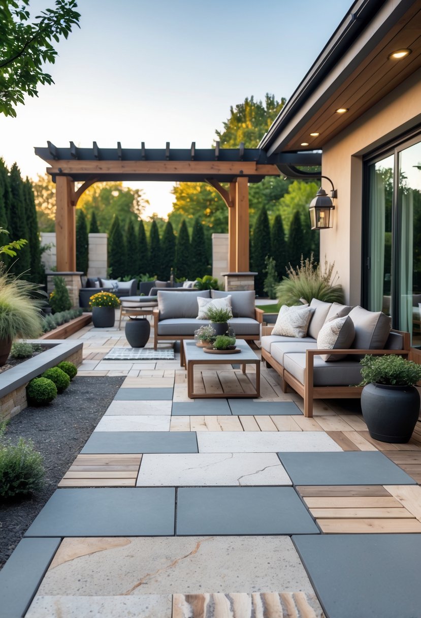 Outdoor patio with mixed stone, wood, and concrete flooring, furnished with seating and surrounded by plants.