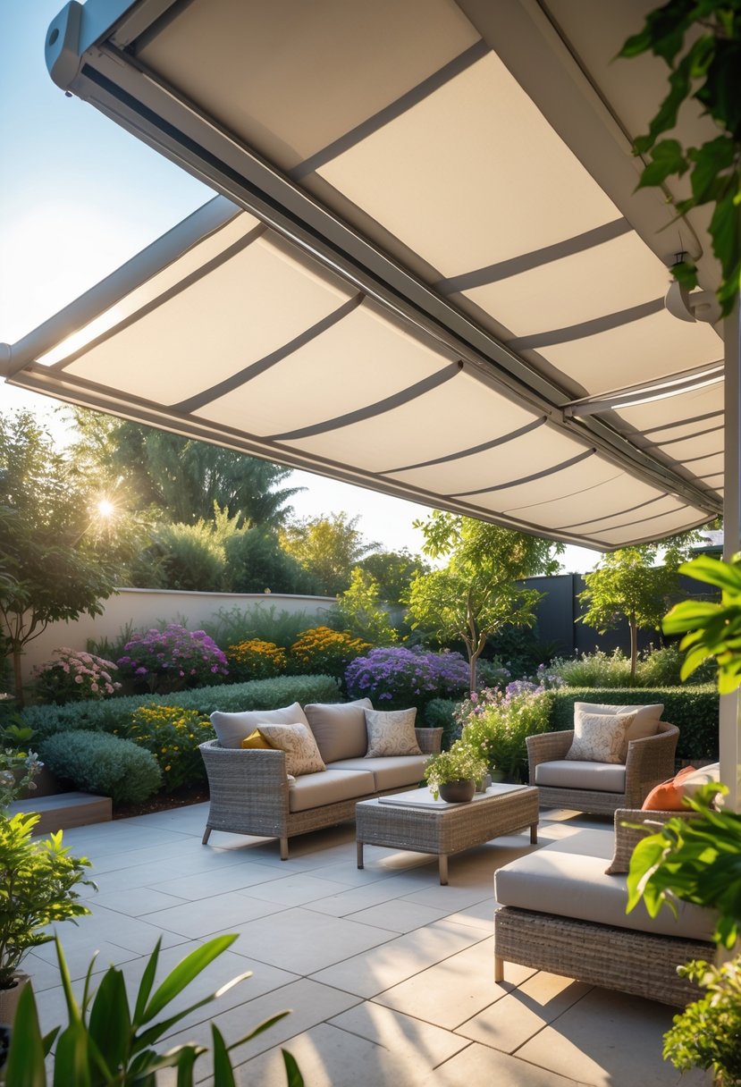 Outdoor patio with a retractable awning providing shade over comfortable seating surrounded by plants and greenery.