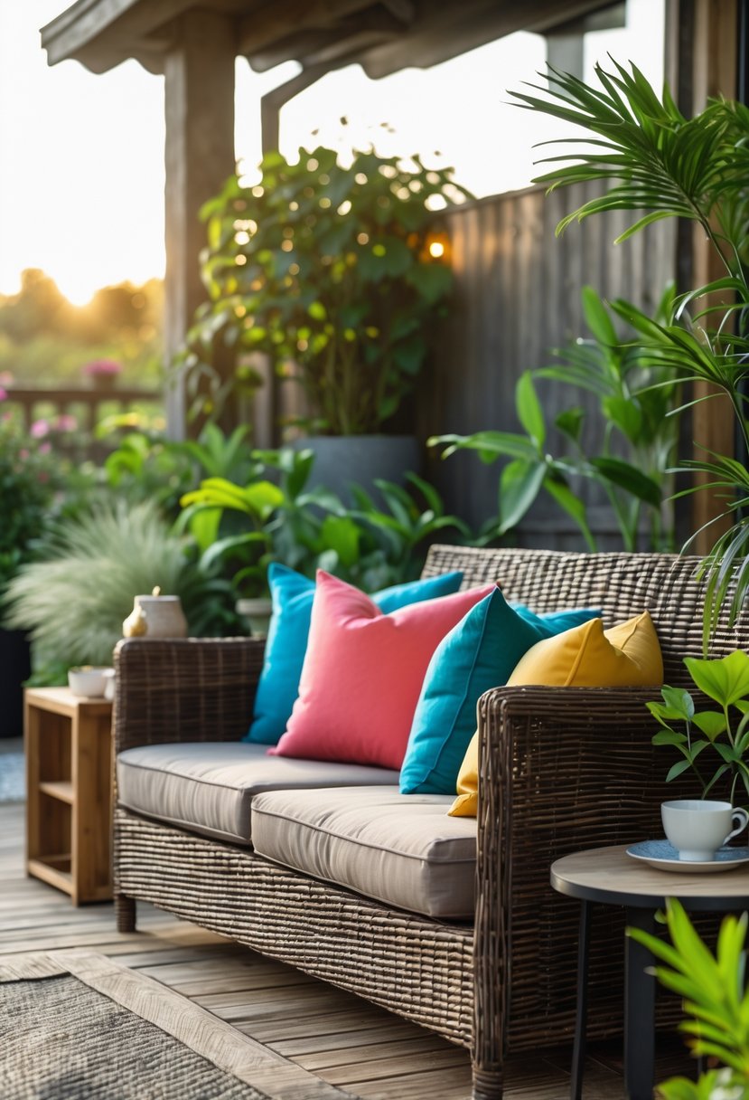 Cozy outdoor seating area with colorful throw pillows surrounded by plants.