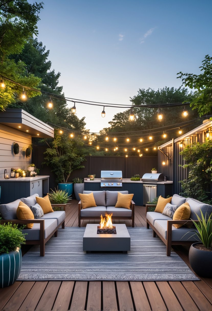 An outdoor living area with wooden deck, comfortable seating, plants, string lights, and a fire pit under a clear sky.