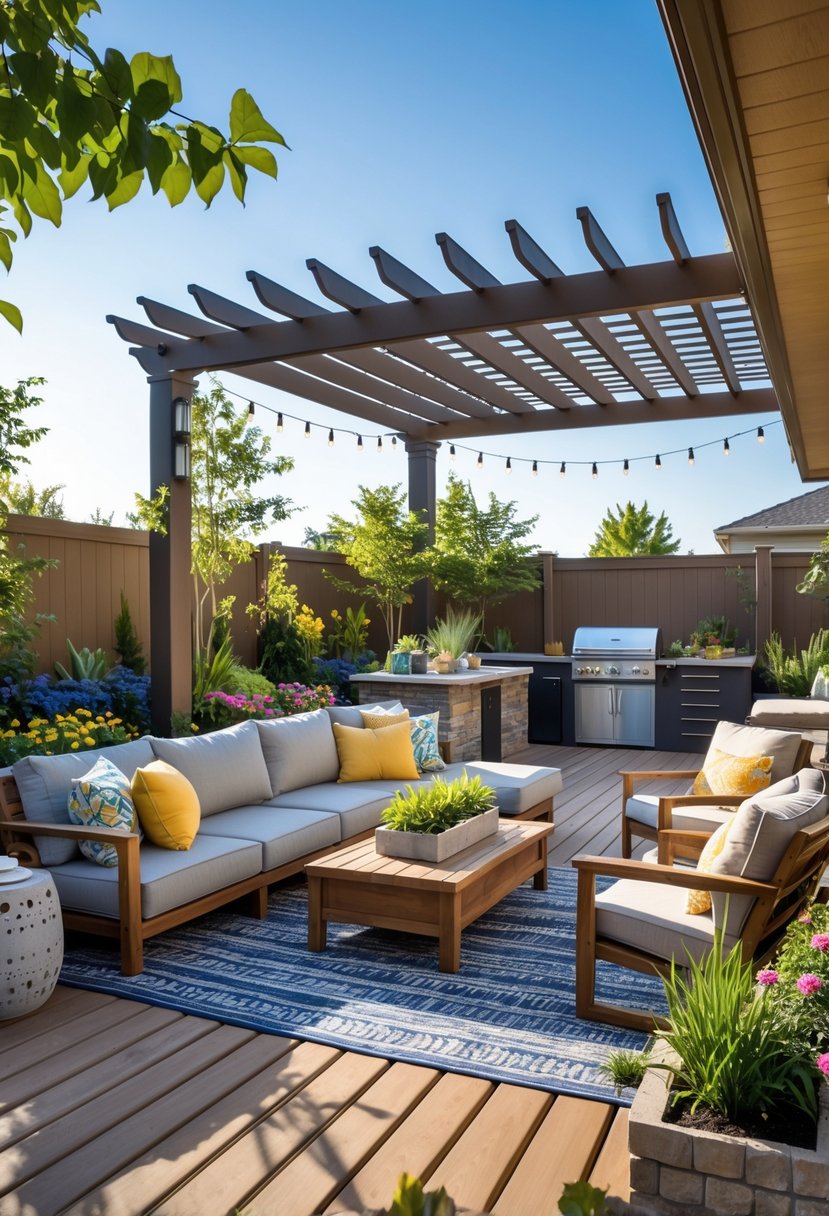 A backyard patio with comfortable seating, a pergola, plants, an outdoor dining table, a grill station, and a fire pit surrounded by chairs.