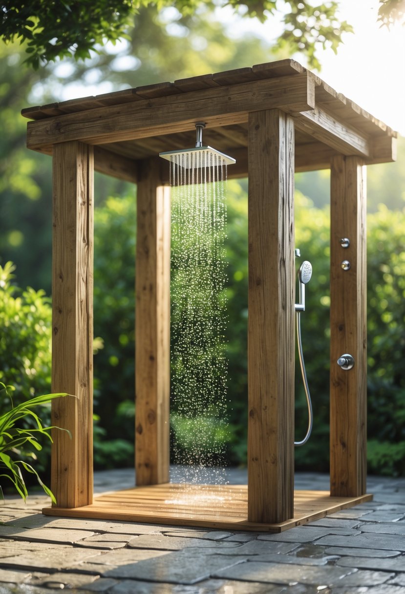 Outdoor shower with rustic wooden frame and stone floor surrounded by greenery.