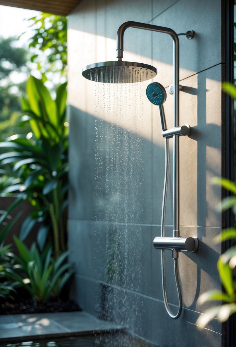 Outdoor stainless steel rain shower with water flowing, surrounded by plants and wooden decking.