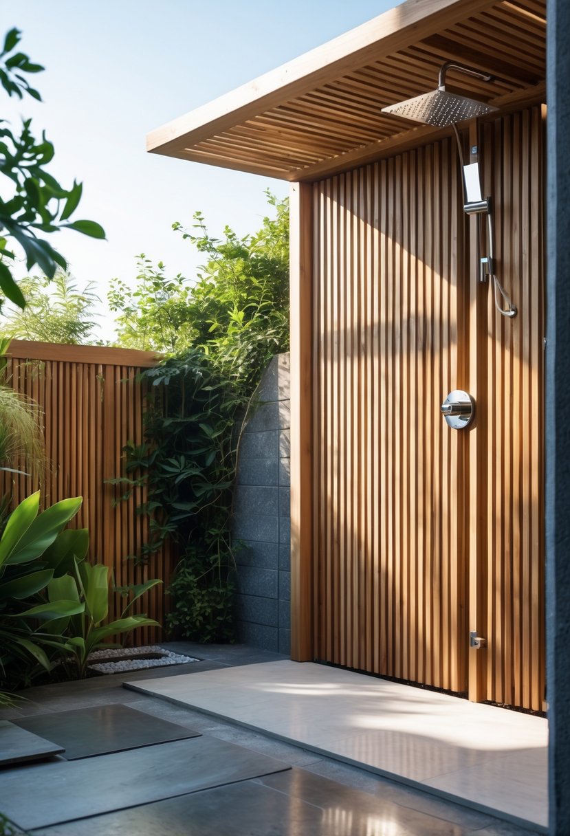 Outdoor shower area with wooden slatted privacy screens surrounded by greenery and stone flooring.