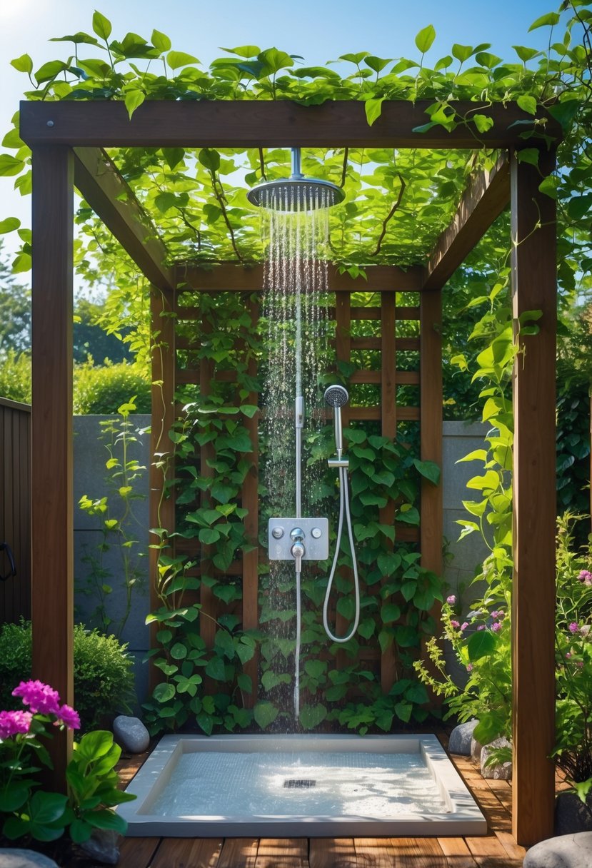 An outdoor shower built into a wooden garden trellis covered with green plants and surrounded by flowers and garden greenery.