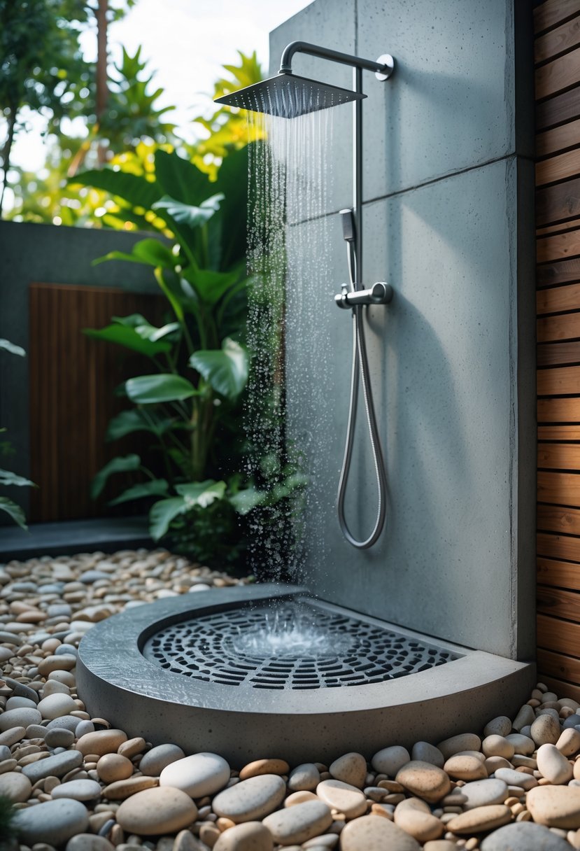 An outdoor shower with a concrete base and pebble drainage surrounded by greenery.