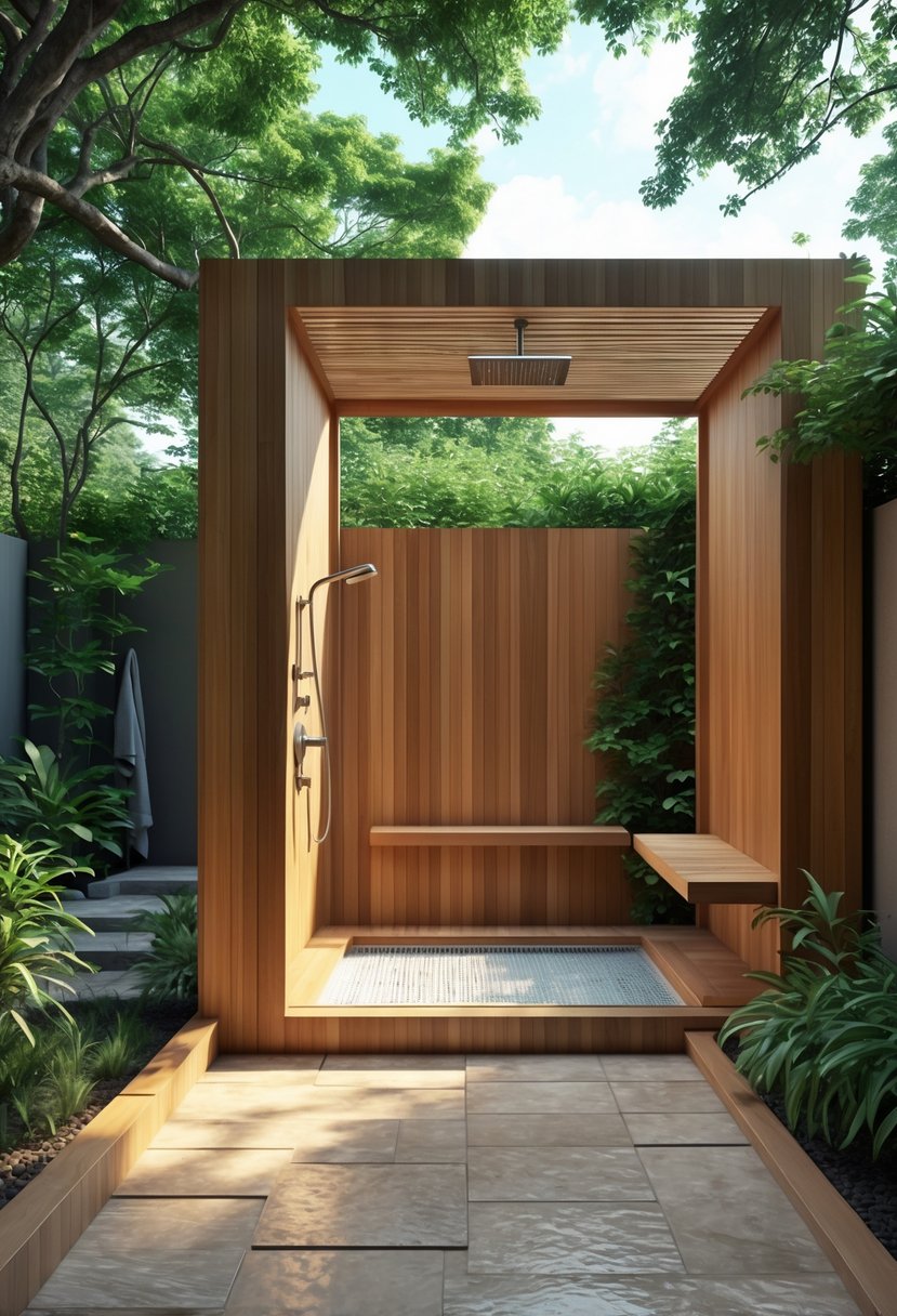 An outdoor shower area combined with a changing room surrounded by greenery and natural stone flooring.