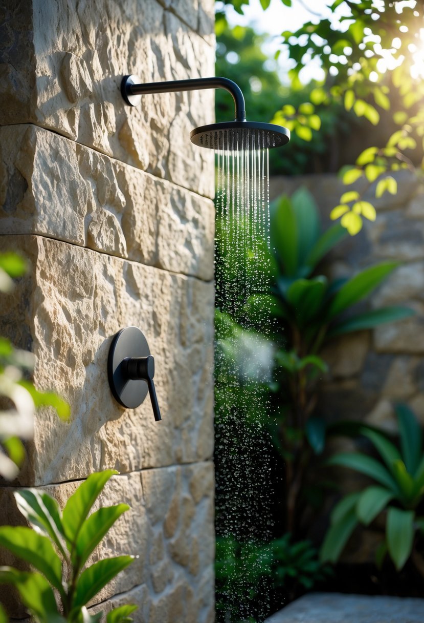 An outdoor shower mounted on a natural stone wall surrounded by greenery and sunlight.