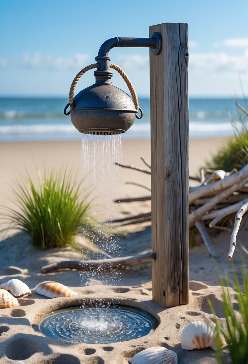 An outdoor shower with a lobster pot showerhead on a wooden post near a sandy beach and ocean.