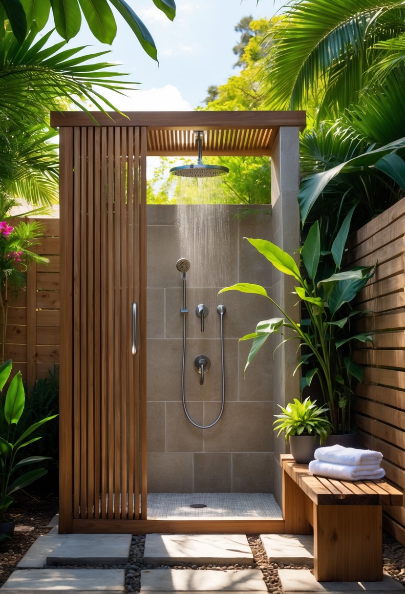 An outdoor shower surrounded by plants and greenery with a wooden bench and towels nearby.