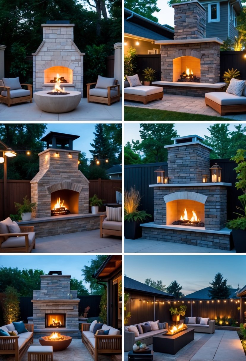 A backyard with 15 different outdoor fireplaces, each surrounded by seating and plants, with flames glowing in the evening.
