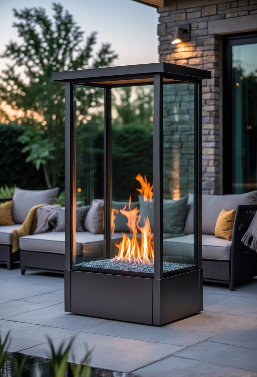 An outdoor fireplace with glass front surrounded by seating and greenery during early evening.