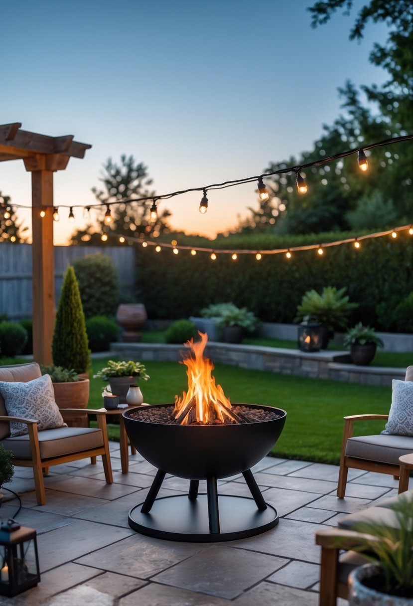 A portable fire pit burning in a backyard patio surrounded by outdoor seating and plants at dusk.