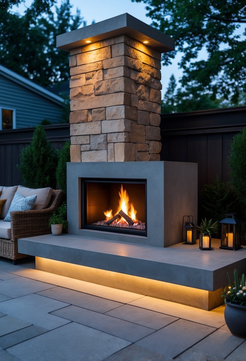 Outdoor corner fireplace built into a patio with seating and plants around it during evening.