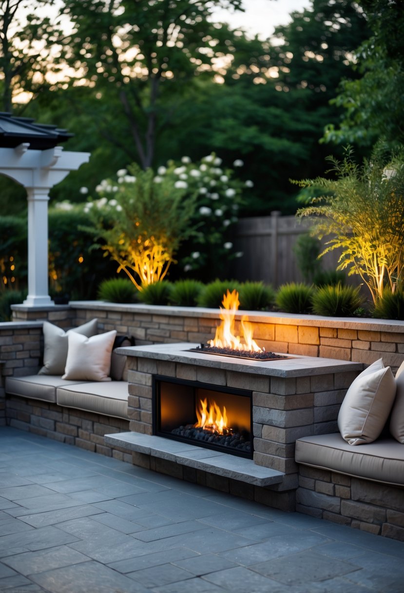 Outdoor seating area with a stone seating wall and a lit fireplace surrounded by cushions and plants.