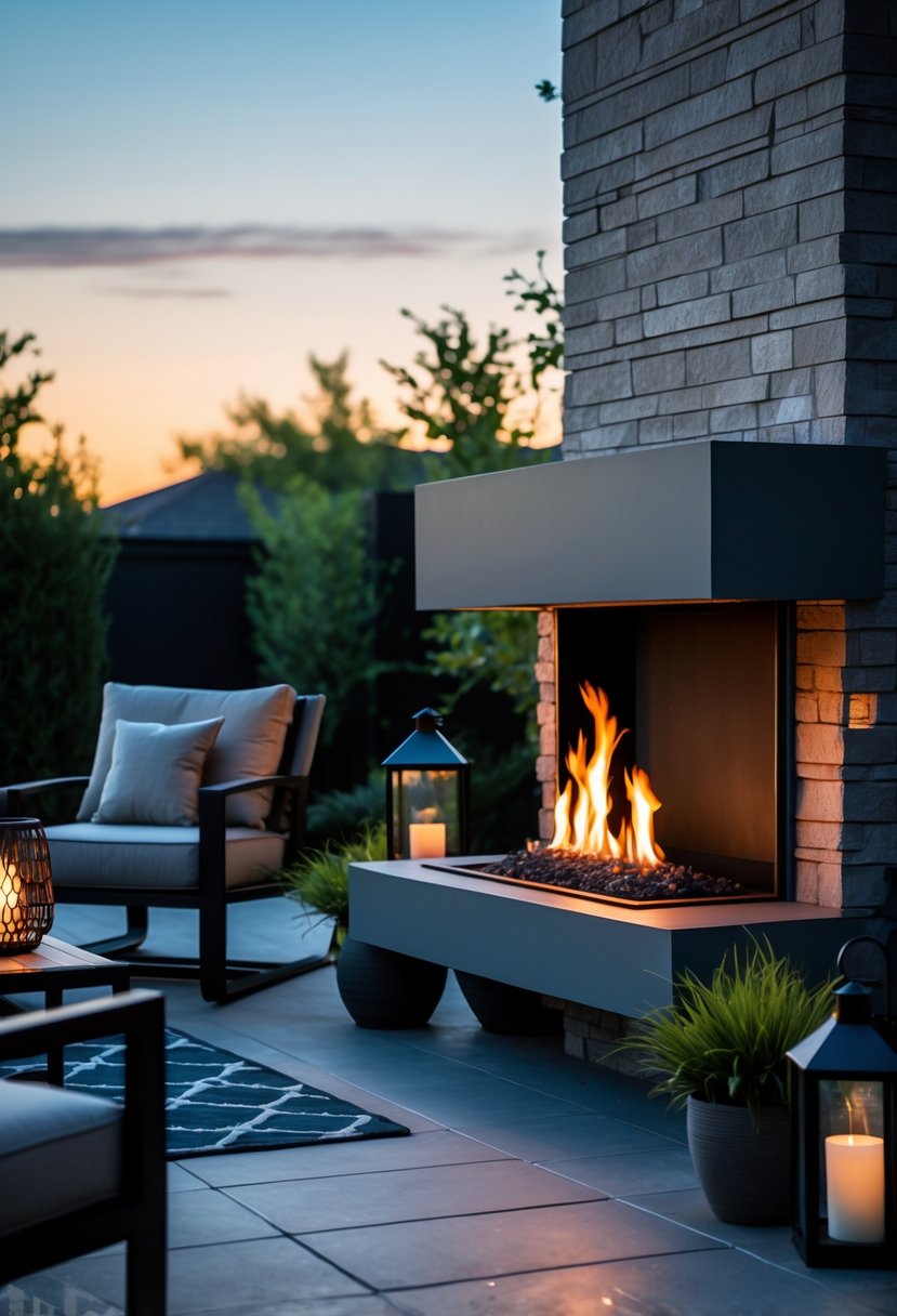 A gas-powered outdoor fireplace surrounded by chairs and plants on a backyard patio at dusk.