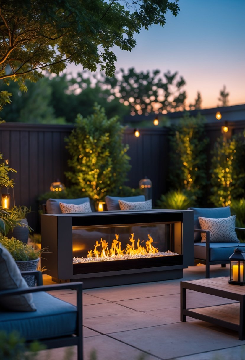 An electric outdoor fireplace with glowing flames on a backyard patio surrounded by outdoor seating and plants.