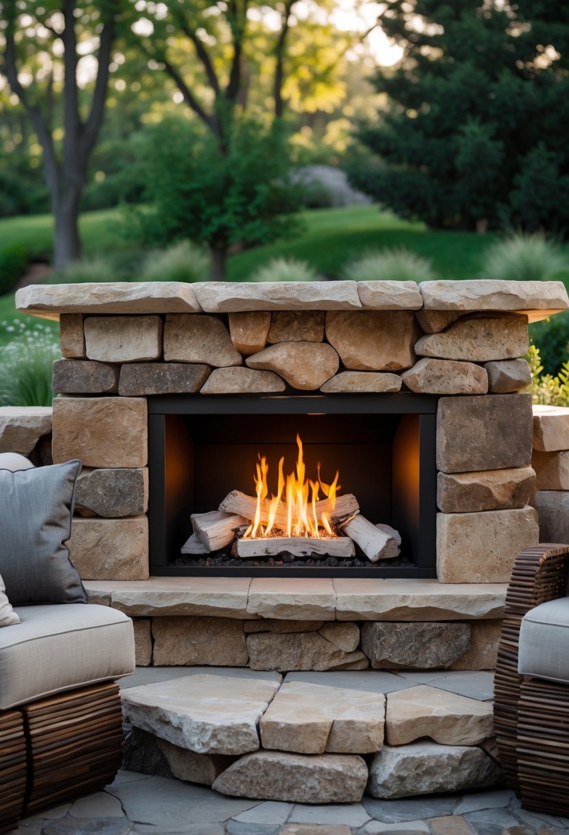 Outdoor fireplace made of natural rock with flames burning inside, surrounded by seating and greenery.