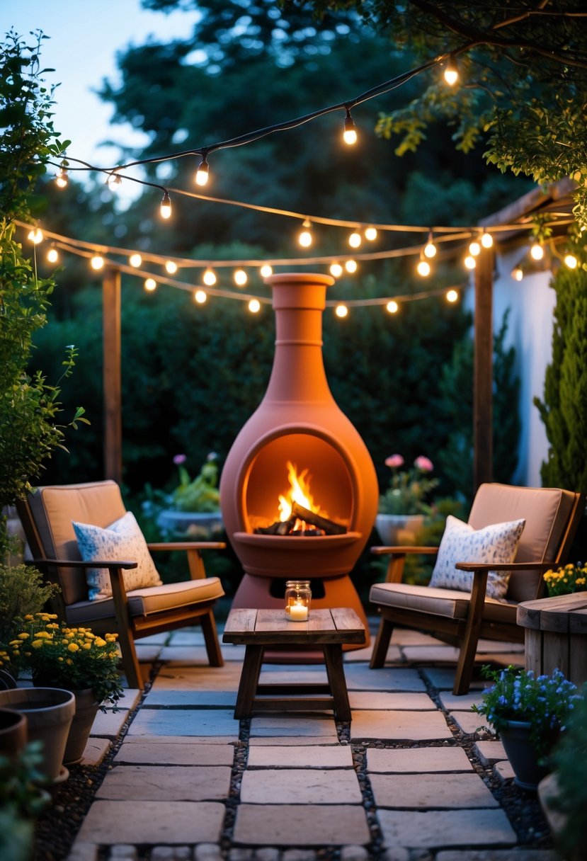 An outdoor fireplace with a warm fire surrounded by chairs, a small table, plants, and string lights in a backyard setting.