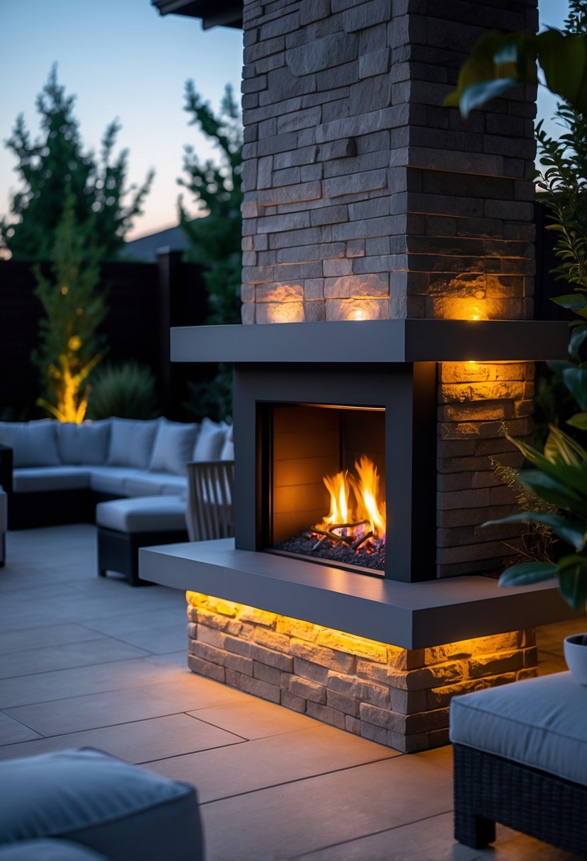 Outdoor stone fireplace with integrated lighting surrounded by patio furniture and plants at dusk.