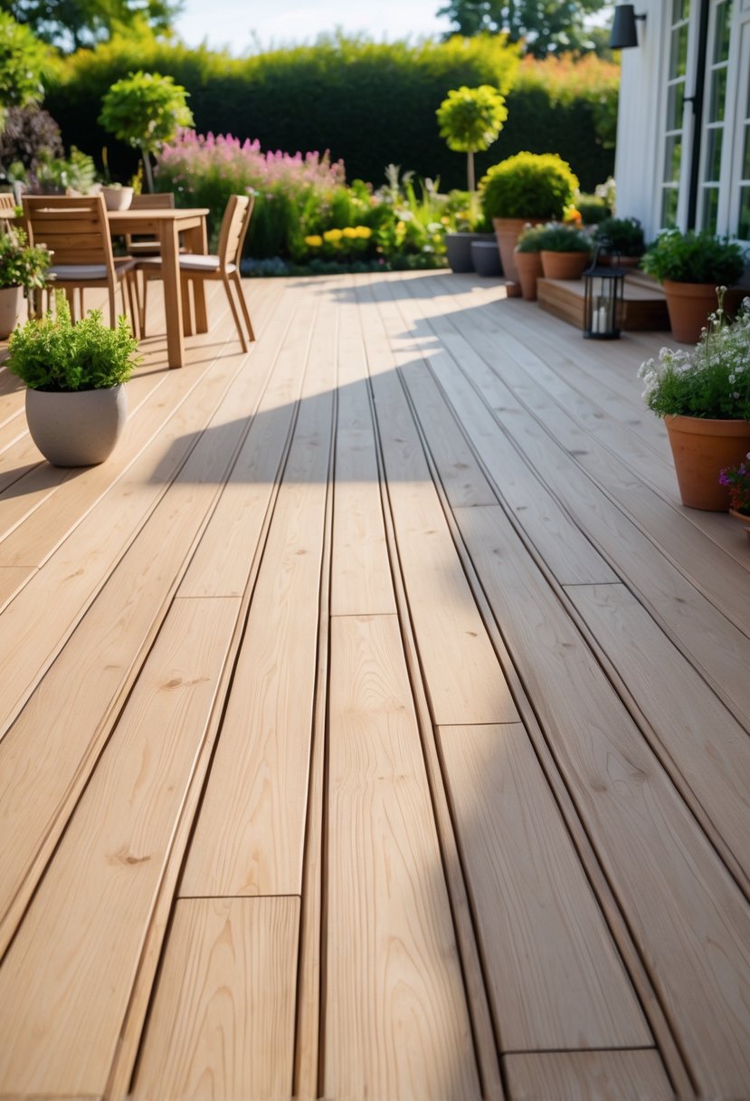 Outdoor deck made of pressure-treated wood with patio furniture and plants in a garden setting.
