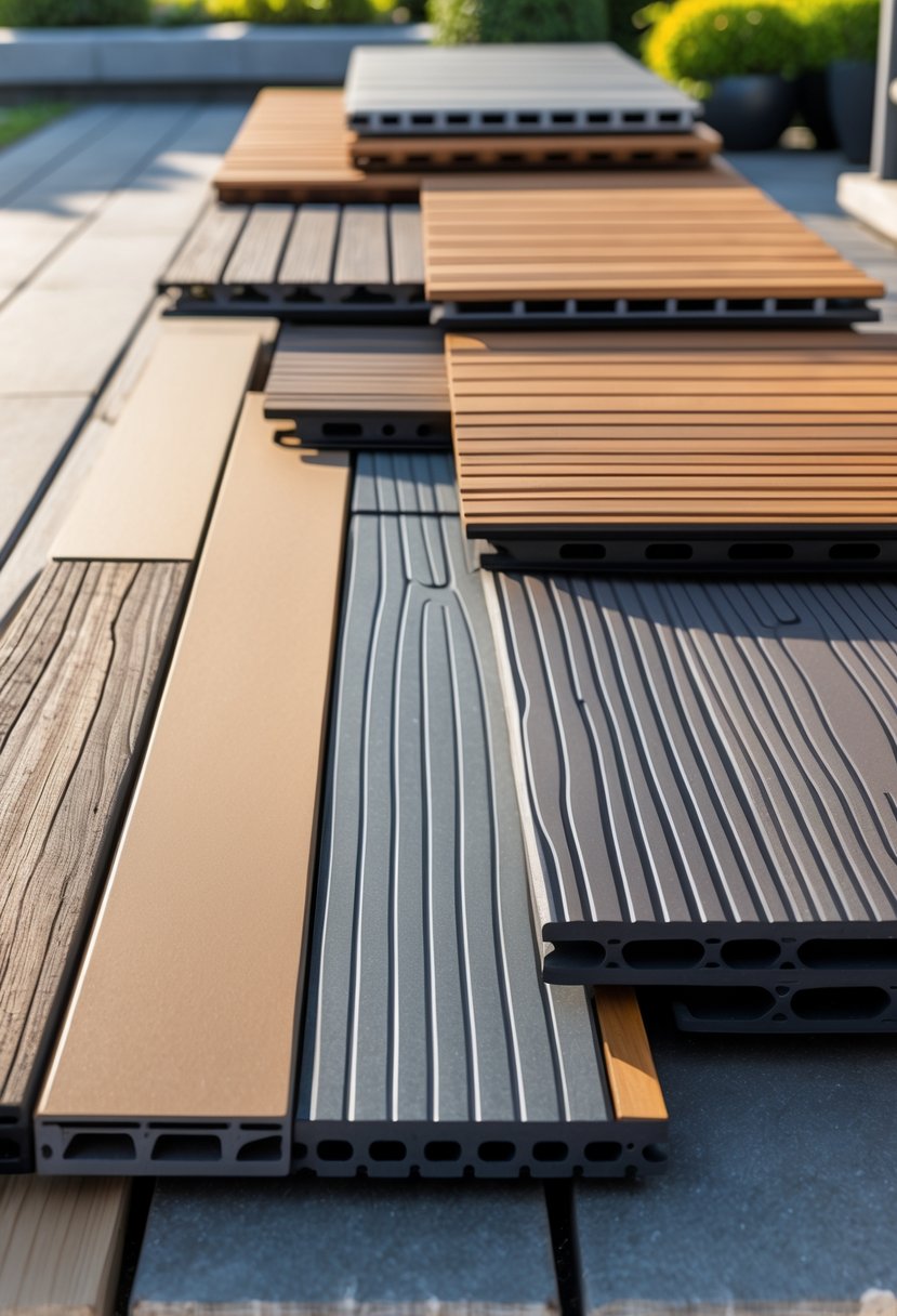 Various composite decking boards displayed outdoors with different colors and textures, surrounded by greenery and outdoor furniture.