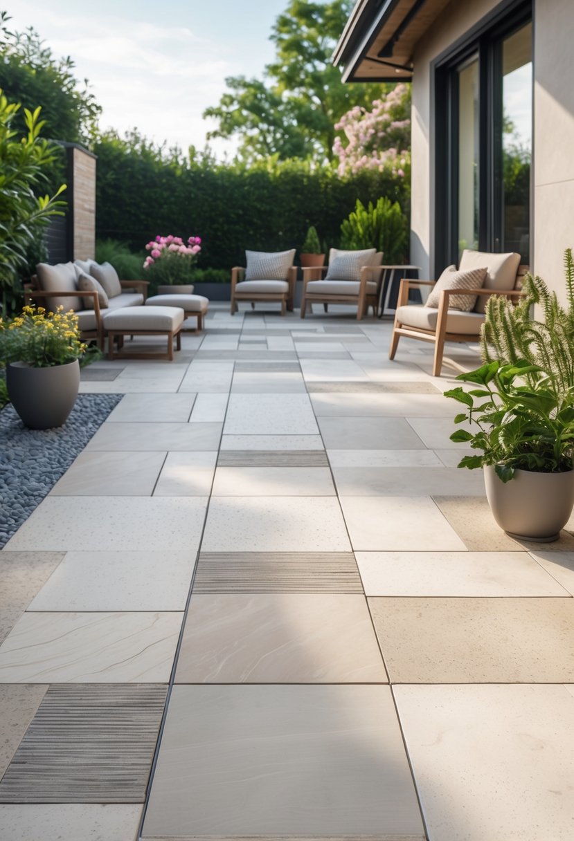 Outdoor patio with porcelain stone tile flooring, wooden furniture, and surrounding plants.
