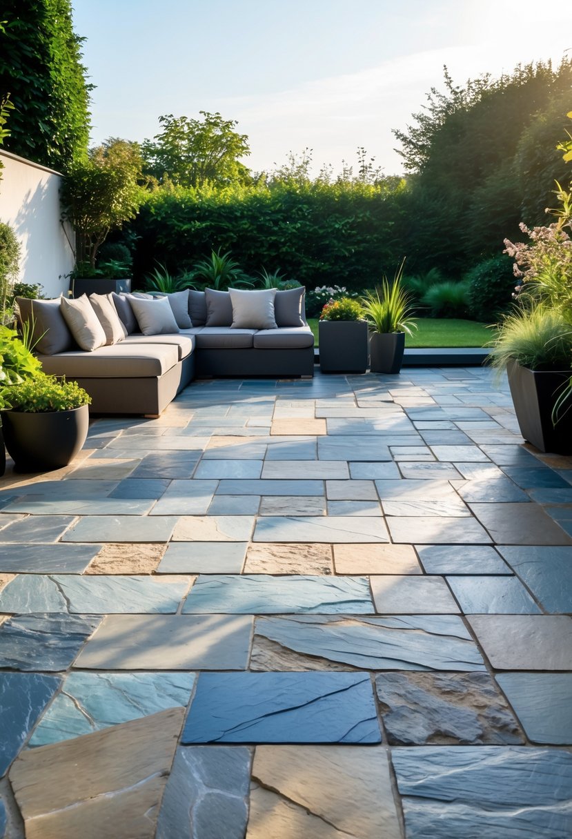 Outdoor patio area with natural slate flooring, modern seating, potted plants, and a garden in the background.