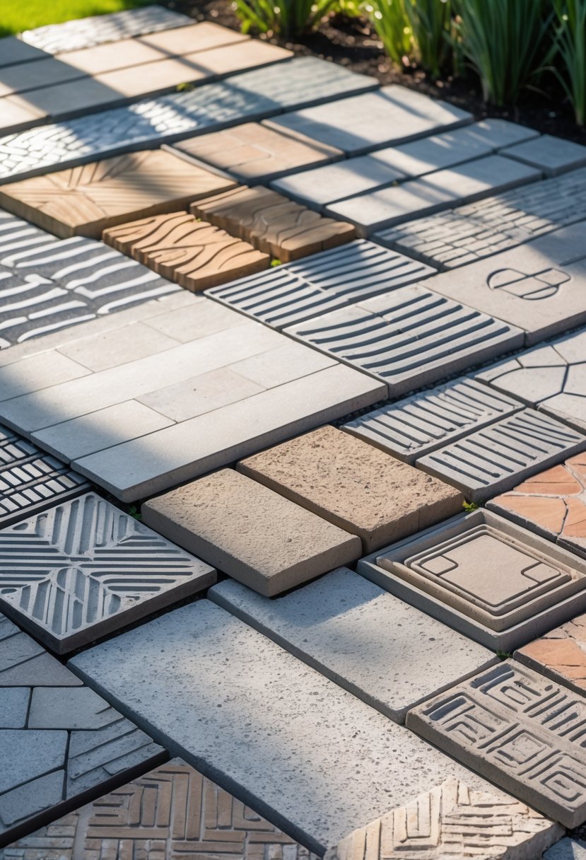 Outdoor display of fourteen different concrete paver designs arranged on the ground with plants around the edges.