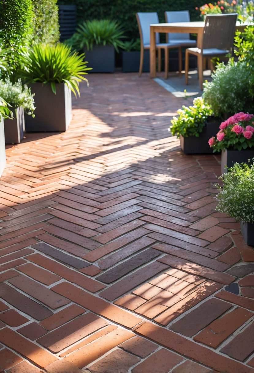 Outdoor patio with red brick flooring arranged in a herringbone pattern, surrounded by plants and outdoor furniture.